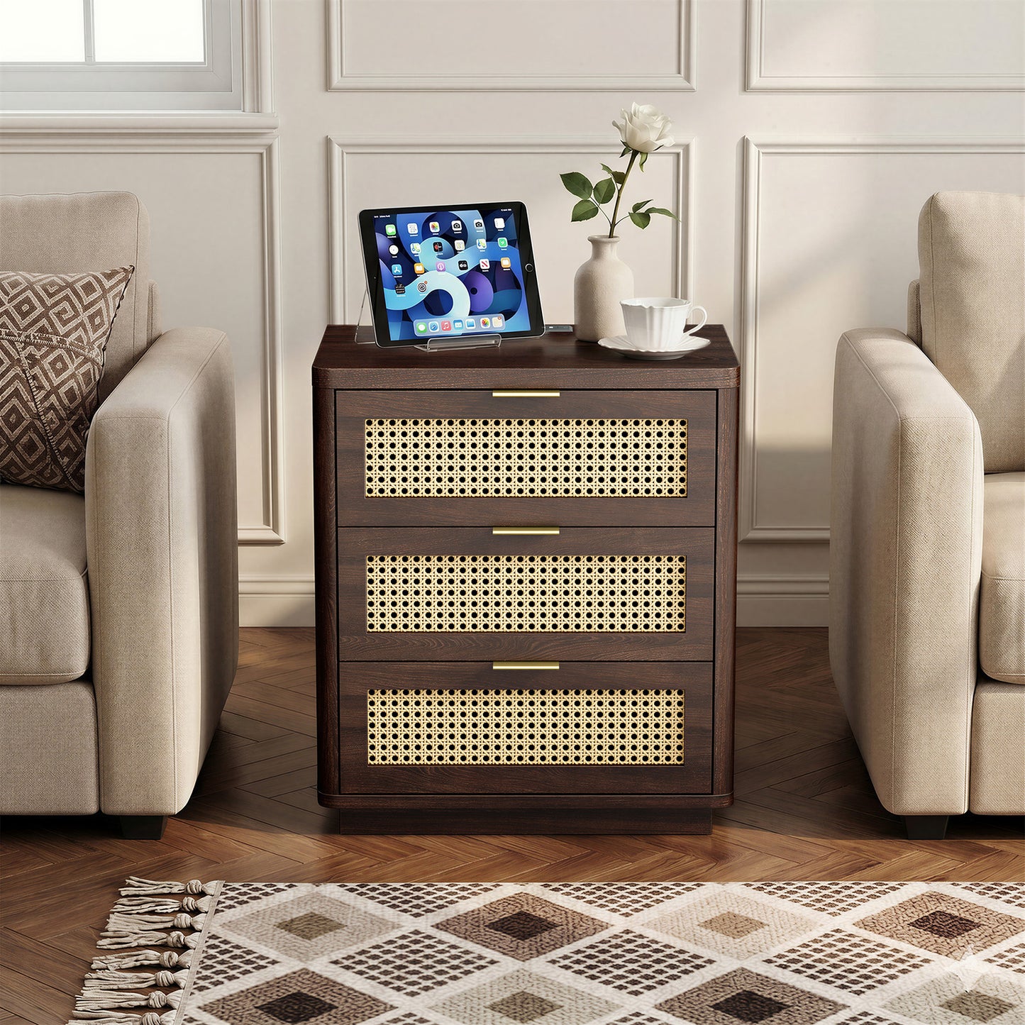 Biemlerfn Night Stand with Charging Station, 3 Drawers Bedside Table, Rattan End Table, Wood Dresser Organizer for Bedroom, Living Room