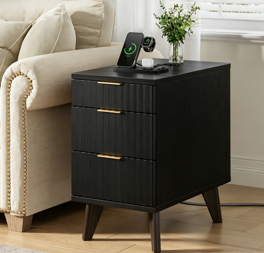 Biemlerfn 3 Drawer Side Table with Charging Station, Narrow End Table with Rear Open Storage Compartment, Wooden Accent Table for Bedroom, Living Room, 5.5FT Power Cord, Natural Wood-HET-05