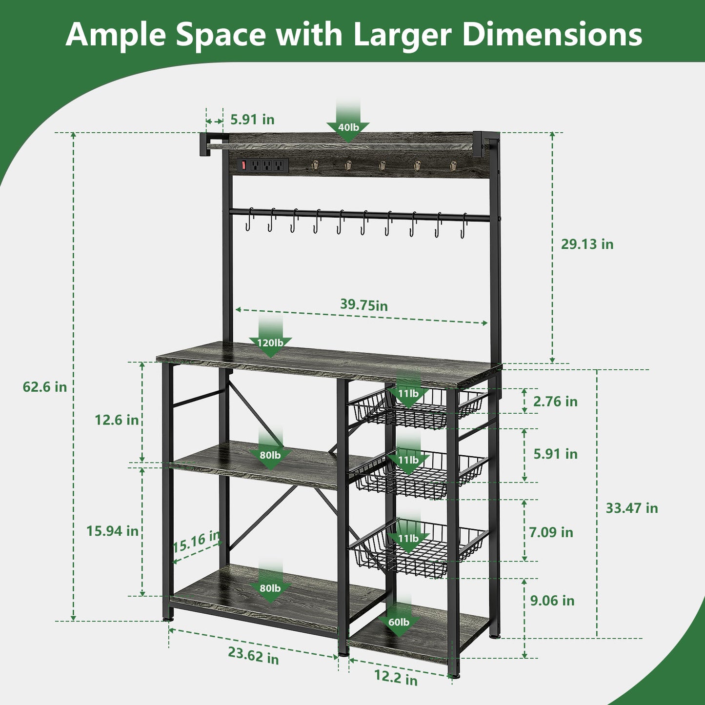 Biemlerfn 39.8" Wide Large Bakers Rack with Power Outlets, 5 Tiers Coffee Bar Table with 3 Wire Basket(Oak Gray)