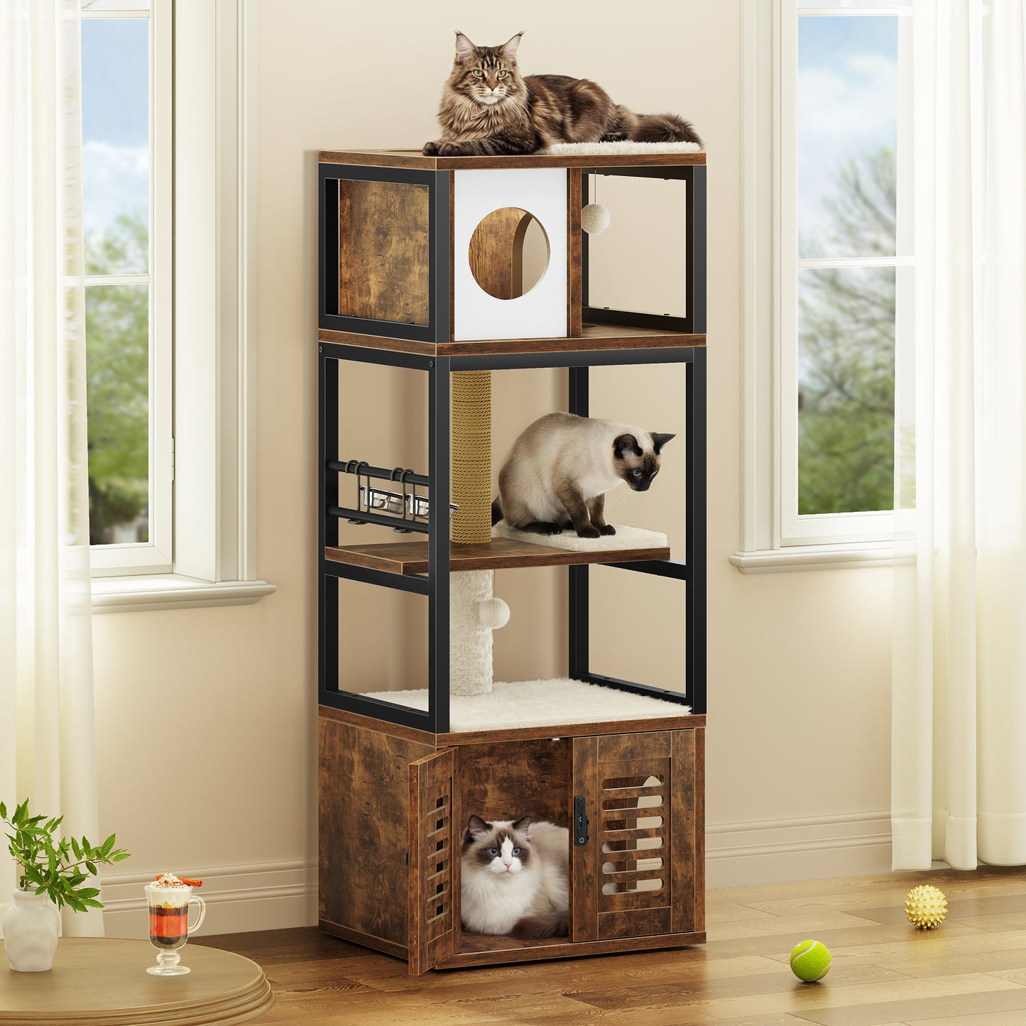 Biemlerfn 58.27" Cat Tree with Litter Box Enclosure, Multi-Level Cat Tower with Elevated Perch & Feeding Station, Scratching Post, Anti-Tip Design for Indoor Cats