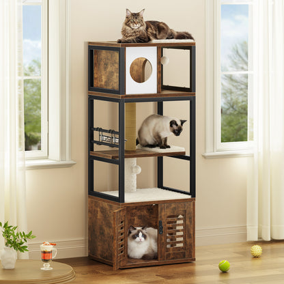 Biemlerfn 58.27" Cat Tree with Litter Box Enclosure, Multi-Level Cat Tower with Elevated Perch & Feeding Station, Scratching Post, Anti-Tip Design for Indoor Cats