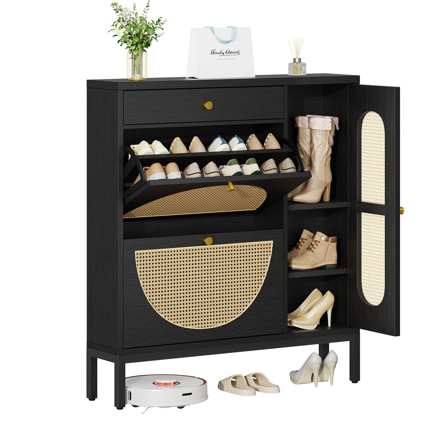 Biemlerfn Shoe Cabinet Storage with 2 Flip Drawers, Free Standing Wooden Shoe Storage Organizer Cabinet with Rattan Doors for Entryway