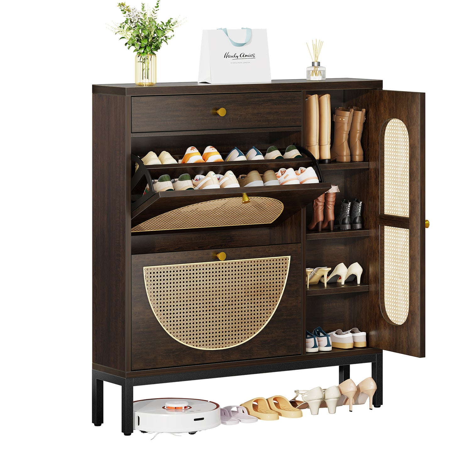 Biemlerfn Shoe Cabinet Storage with 2 Flip Drawers, Free Standing Wooden Shoe Storage Organizer Cabinet with Rattan Doors for Entryway