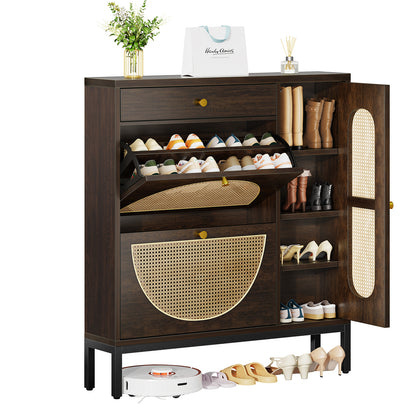 Biemlerfn Shoe Cabinet Storage with 2 Flip Drawers, Free Standing Wooden Shoe Storage Organizer Cabinet with Rattan Doors for Entryway