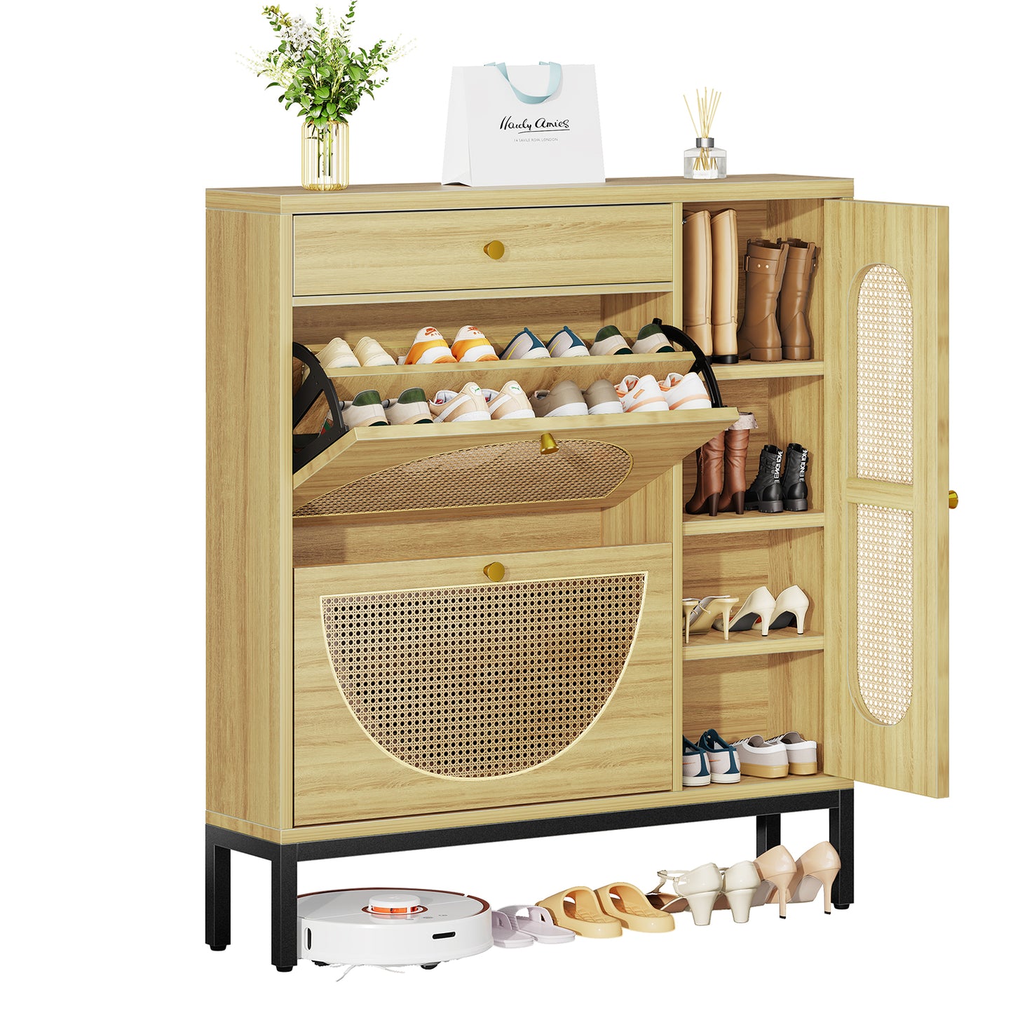 Biemlerfn Shoe Cabinet Storage with 2 Flip Drawers, Free Standing Wooden Shoe Storage Organizer Cabinet with Rattan Doors for Entryway