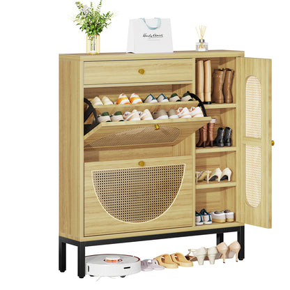 Biemlerfn Shoe Cabinet Storage with 2 Flip Drawers, Free Standing Wooden Shoe Storage Organizer Cabinet with Rattan Doors for Entryway