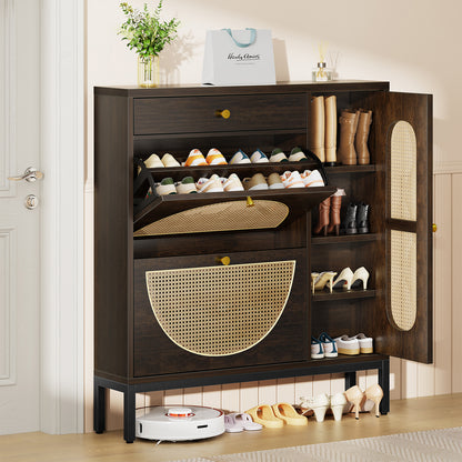 Biemlerfn Shoe Cabinet Storage with 2 Flip Drawers, Free Standing Wooden Shoe Storage Organizer Cabinet with Rattan Doors for Entryway