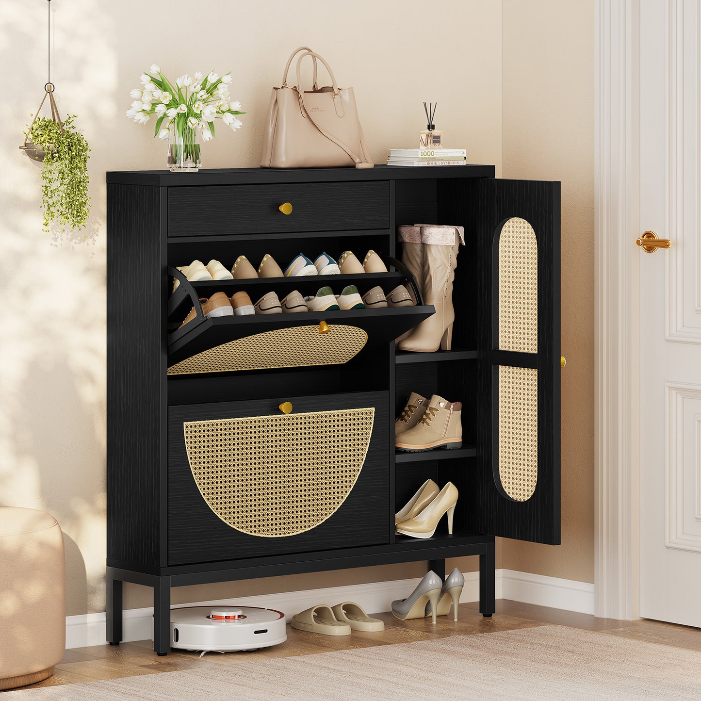 Biemlerfn Shoe Cabinet Storage with 2 Flip Drawers, Free Standing Wooden Shoe Storage Organizer Cabinet with Rattan Doors for Entryway