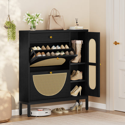 Biemlerfn Shoe Cabinet Storage with 2 Flip Drawers, Free Standing Wooden Shoe Storage Organizer Cabinet with Rattan Doors for Entryway