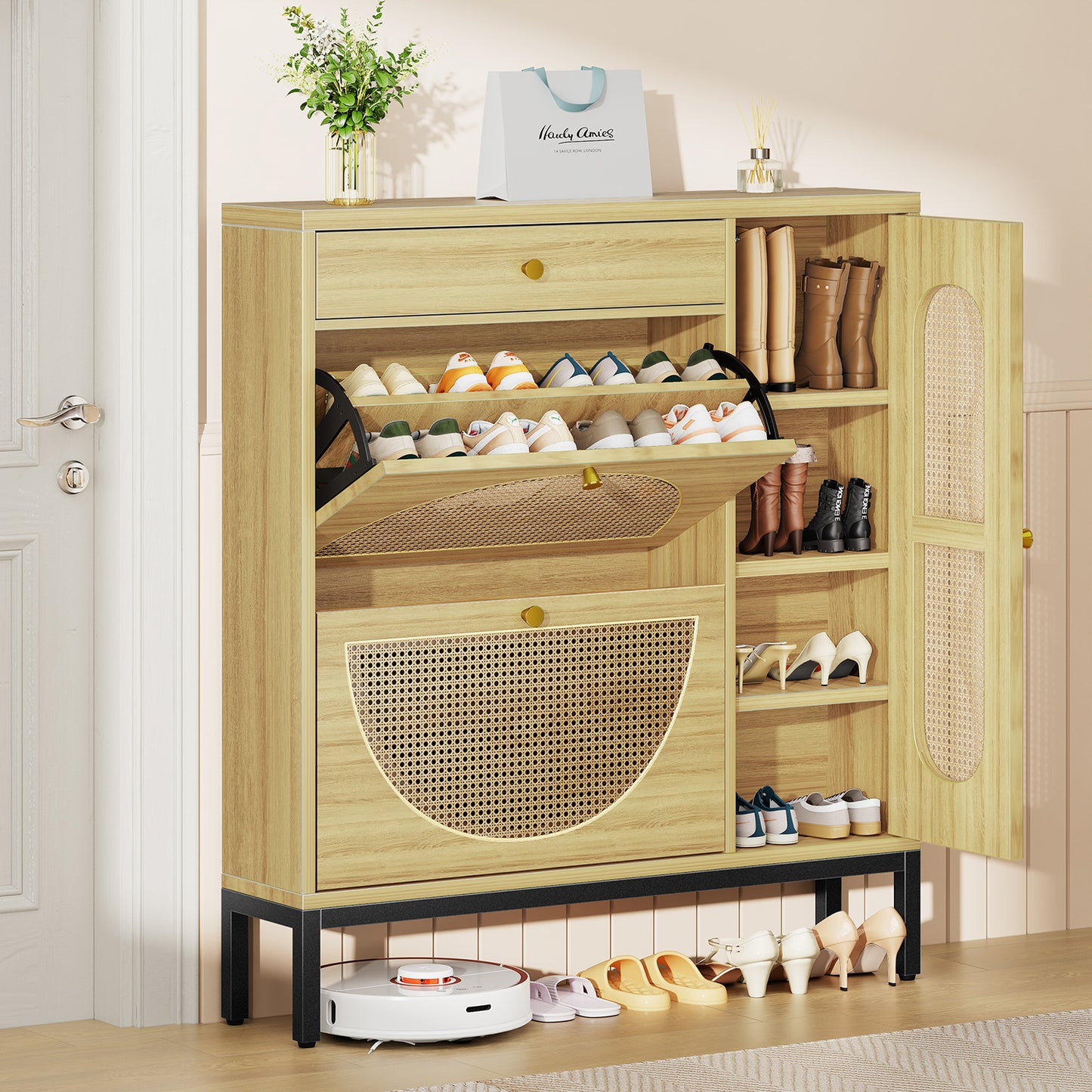 Biemlerfn Shoe Cabinet Storage with 2 Flip Drawers, Free Standing Wooden Shoe Storage Organizer Cabinet with Rattan Doors for Entryway
