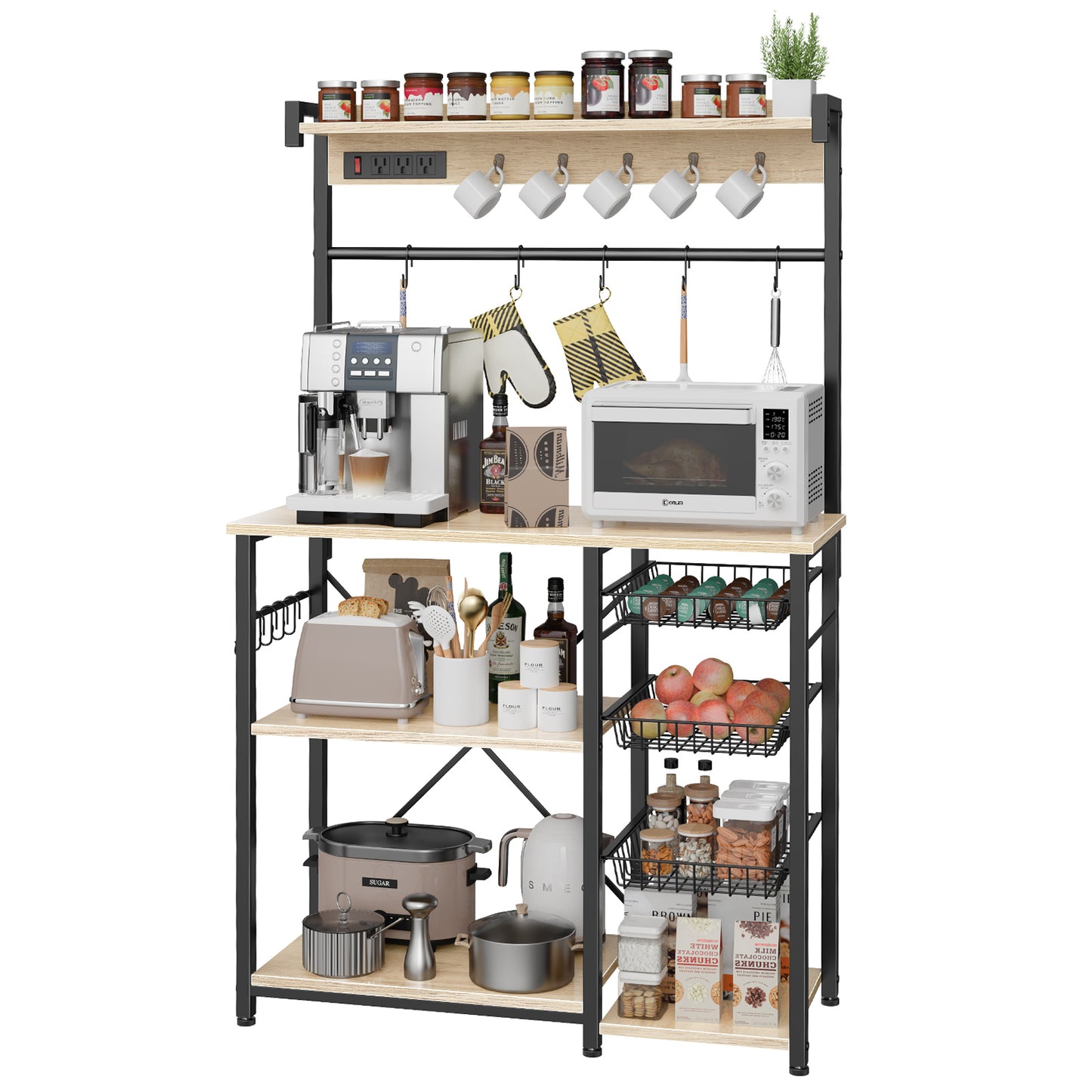 Biemlerfn 39.8" Wide Large Bakers Rack with Power Outlets, 5 Tiers Coffee Bar Table with 3 Wire Basket（White Oak）