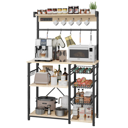 Biemlerfn 39.8" Wide Large Bakers Rack with Power Outlets, 5 Tiers Coffee Bar Table with 3 Wire Basket（White Oak）
