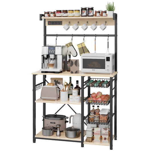 Biemlerfn 39.8" Wide Large Bakers Rack with Power Outlets, 5 Tiers Coffee Bar Table with 3 Wire Basket（White Oak）