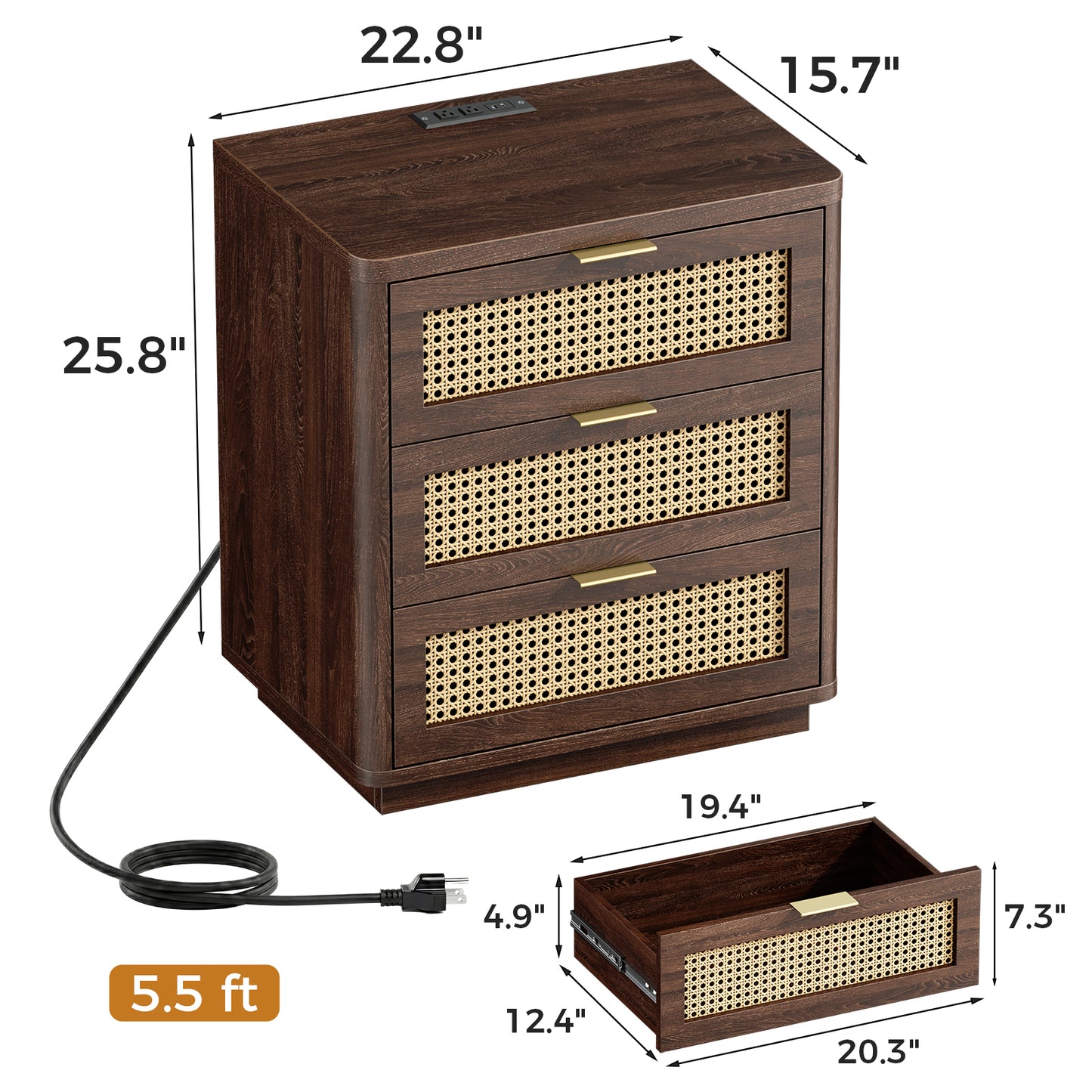 Biemlerfn Night Stand with Charging Station, 3 Drawers Bedside Table, Rattan End Table, Wood Dresser Organizer for Bedroom, Living Room