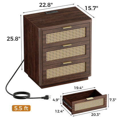 Biemlerfn Night Stand with Charging Station, 3 Drawers Bedside Table, Rattan End Table, Wood Dresser Organizer for Bedroom, Living Room