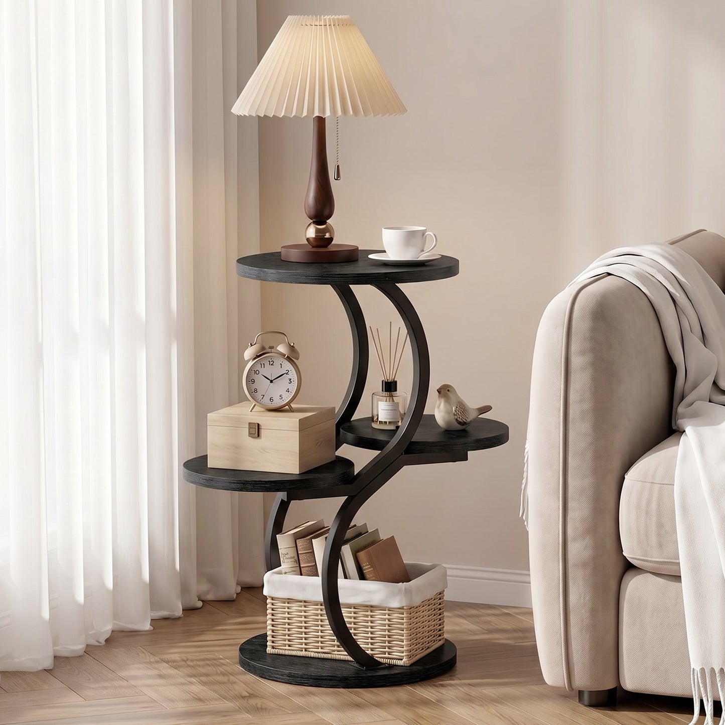 Biemlerfn 4-Tier Round Side Table, Small End Table with Metal Frame, Wood Nightstand for Patio, Sofa, Living Room & Bedroom