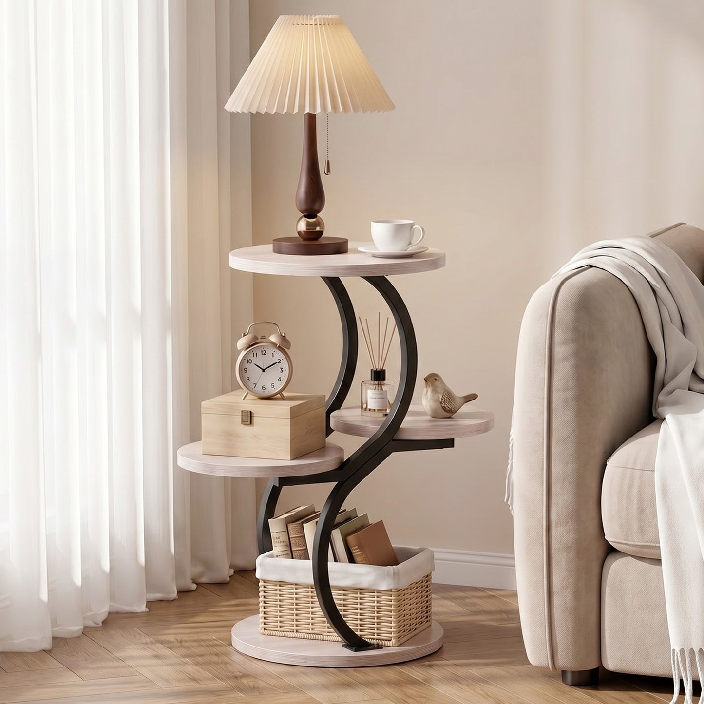Biemlerfn 4-Tier Round Side Table, Small End Table with Metal Frame, Wood Nightstand for Patio, Sofa, Living Room & Bedroom