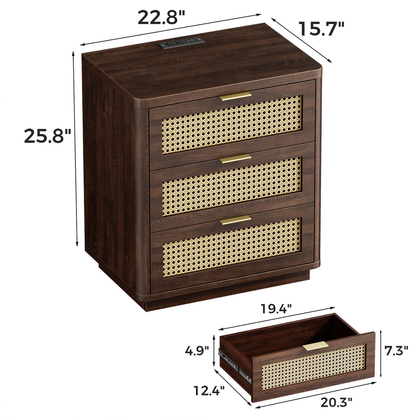 Biemlerfn Night Stand with Charging Station, 3 Drawers Bedside Table, Rattan End Table, Wood Dresser Organizer for Bedroom, Living Room