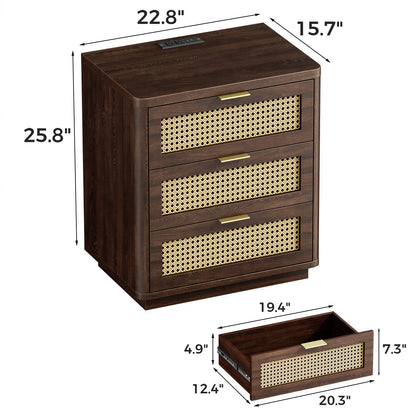 Biemlerfn Night Stand with Charging Station, 3 Drawers Bedside Table, Rattan End Table, Wood Dresser Organizer for Bedroom, Living Room