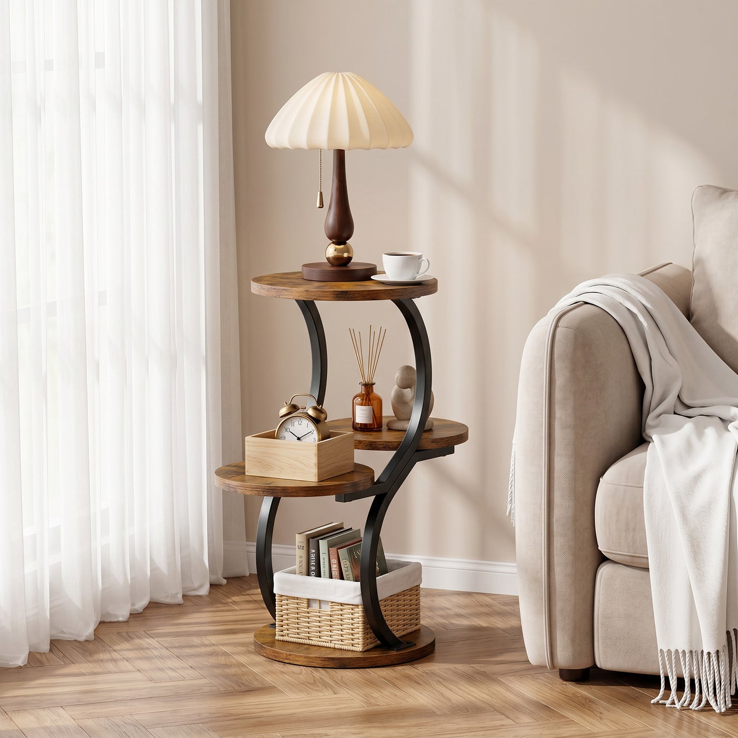 Biemlerfn 4-Tier Round Side Table, Small End Table with Metal Frame, Wood Nightstand for Patio, Sofa, Living Room & Bedroom