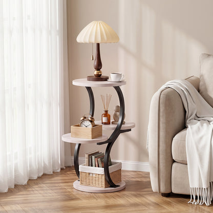 Biemlerfn 4-Tier Round Side Table, Small End Table with Metal Frame, Wood Nightstand for Patio, Sofa, Living Room & Bedroom