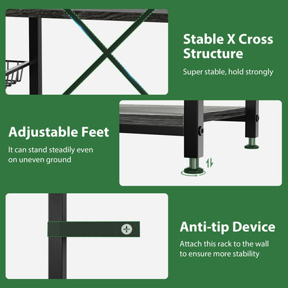 Biemlerfn 39.8" Wide Large Bakers Rack with Power Outlets, 5 Tiers Coffee Bar Table with 3 Wire Basket（Oak Gray）
