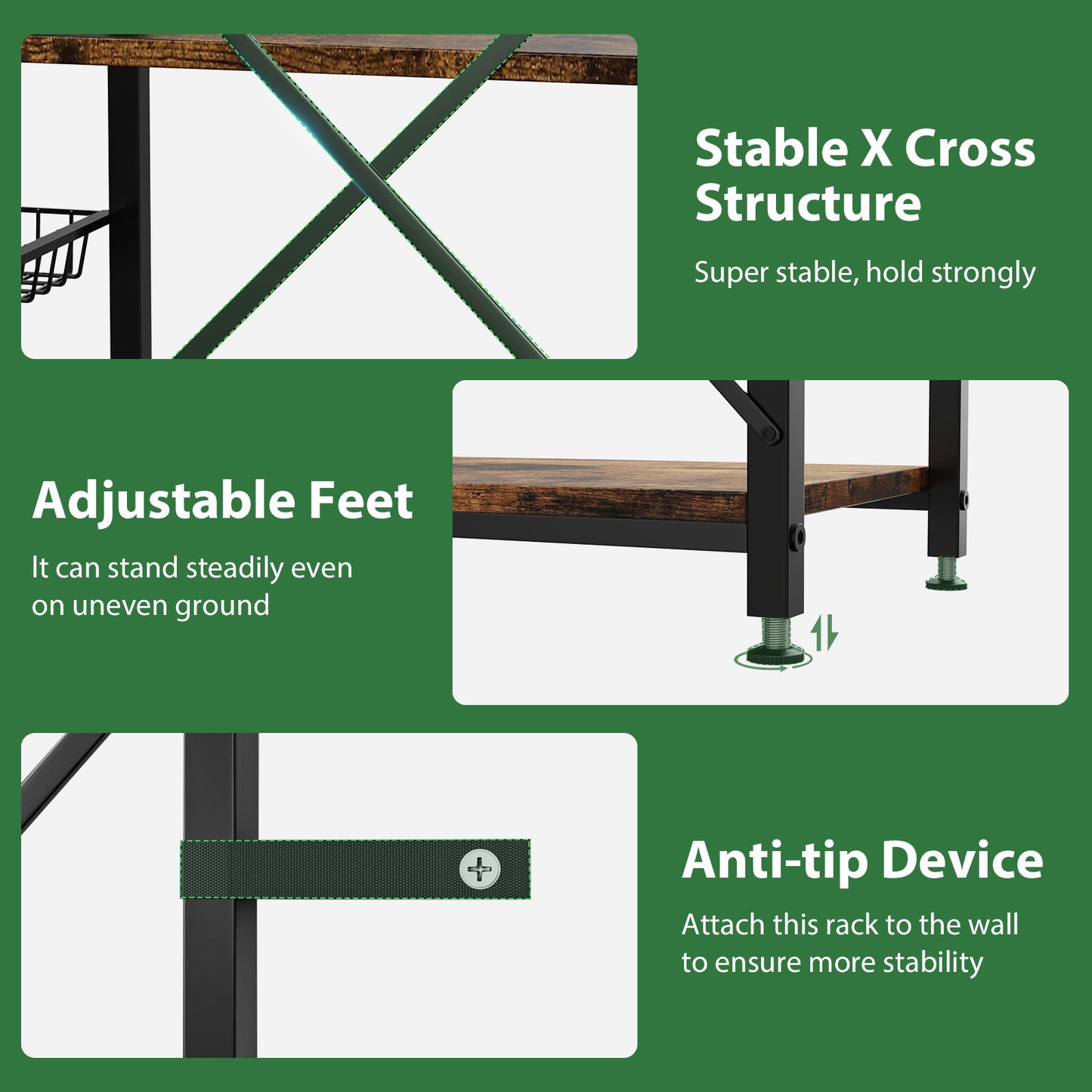 Biemlerfn 39.8" Wide Large Bakers Rack with Power Outlets, 5 Tiers Coffee Bar Table with 3 Wire Basket（Rustic Brown）