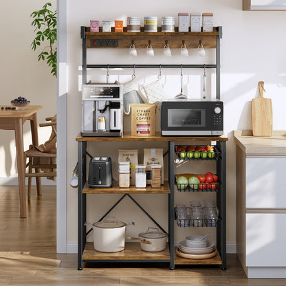Biemlerfn 39.8" Wide Large Bakers Rack with Power Outlets, 5 Tiers Coffee Bar Table with 3 Wire Basket（Rustic Brown）