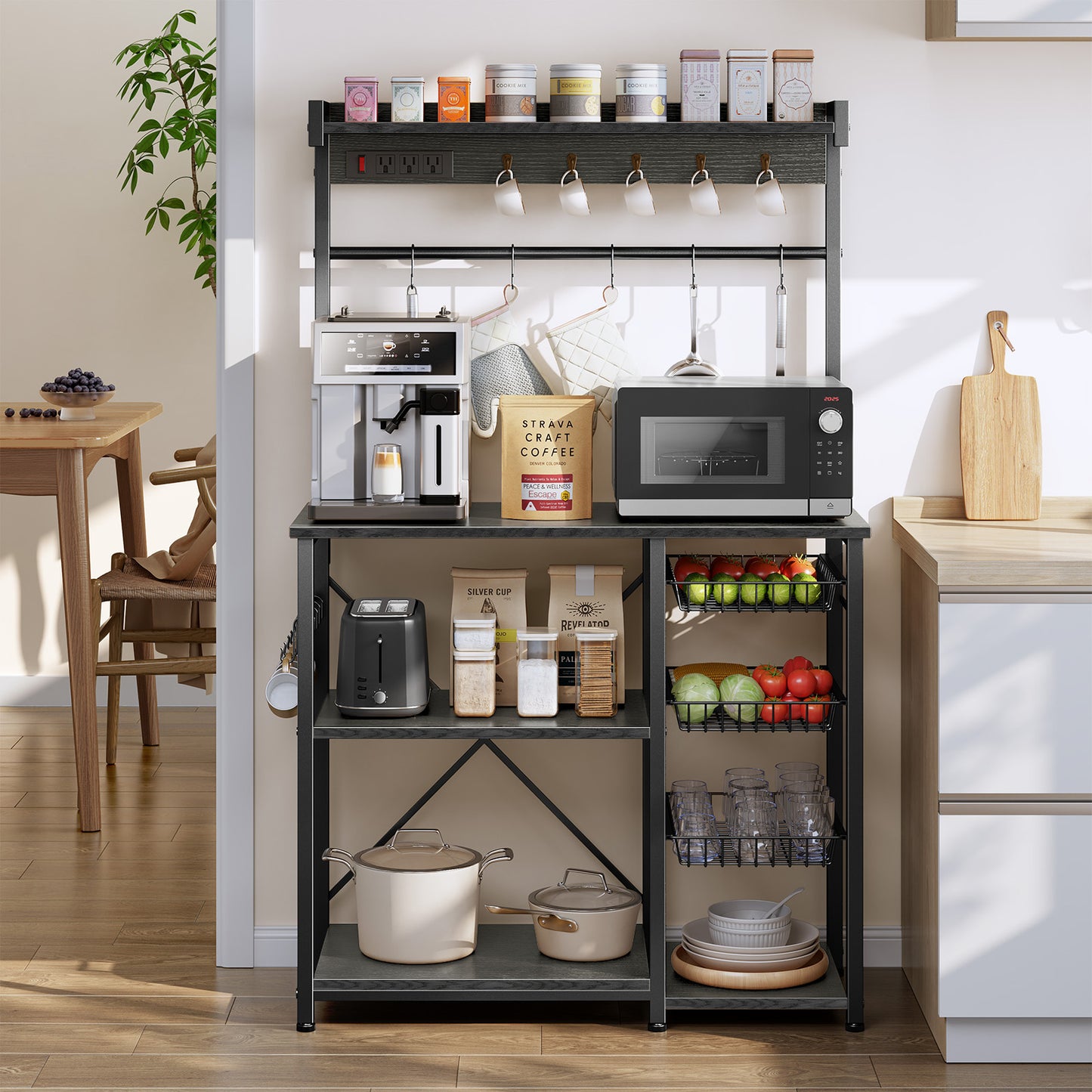 Biemlerfn 39.8" Wide Large Bakers Rack with Power Outlets, 5 Tiers Coffee Bar Table with 3 Wire Basket（Oak Gray）