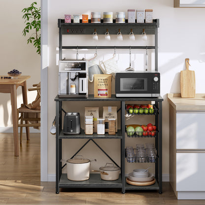 Biemlerfn 39.8" Wide Large Bakers Rack with Power Outlets, 5 Tiers Coffee Bar Table with 3 Wire Basket（Oak Gray）