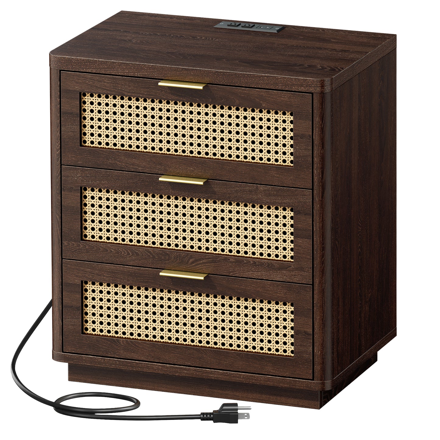 Biemlerfn Night Stand with Charging Station, 3 Drawers Bedside Table, Rattan End Table, Wood Dresser Organizer for Bedroom, Living Room
