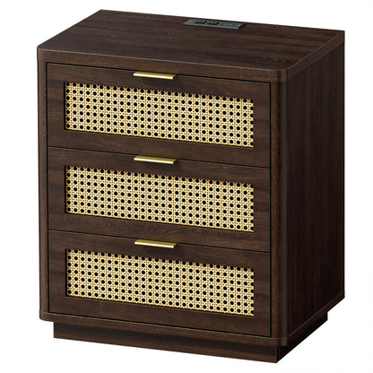 Biemlerfn Night Stand with Charging Station, 3 Drawers Bedside Table, Rattan End Table, Wood Dresser Organizer for Bedroom, Living Room