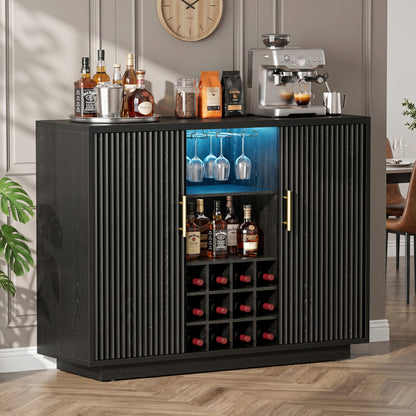 Biemlerfn RGB Wine Bar Cabinet with Built-in Charging Station, Modern Coffee Bar Cabinet with Wine Rack and Glass Holder, Fluted Liquor Cabinet with Storage for Home