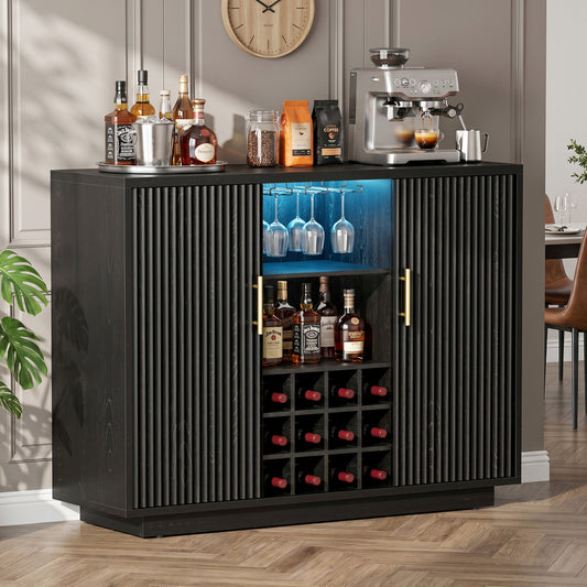 Biemlerfn RGB Wine Bar Cabinet with Built-in Charging Station, Modern Coffee Bar Cabinet with Wine Rack and Glass Holder, Fluted Liquor Cabinet with Storage for Home
