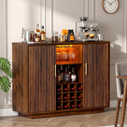 Biemlerfn RGB Wine Bar Cabinet with Built-in Charging Station, Modern Coffee Bar Cabinet with Wine Rack and Glass Holder, Fluted Liquor Cabinet with Storage for Home