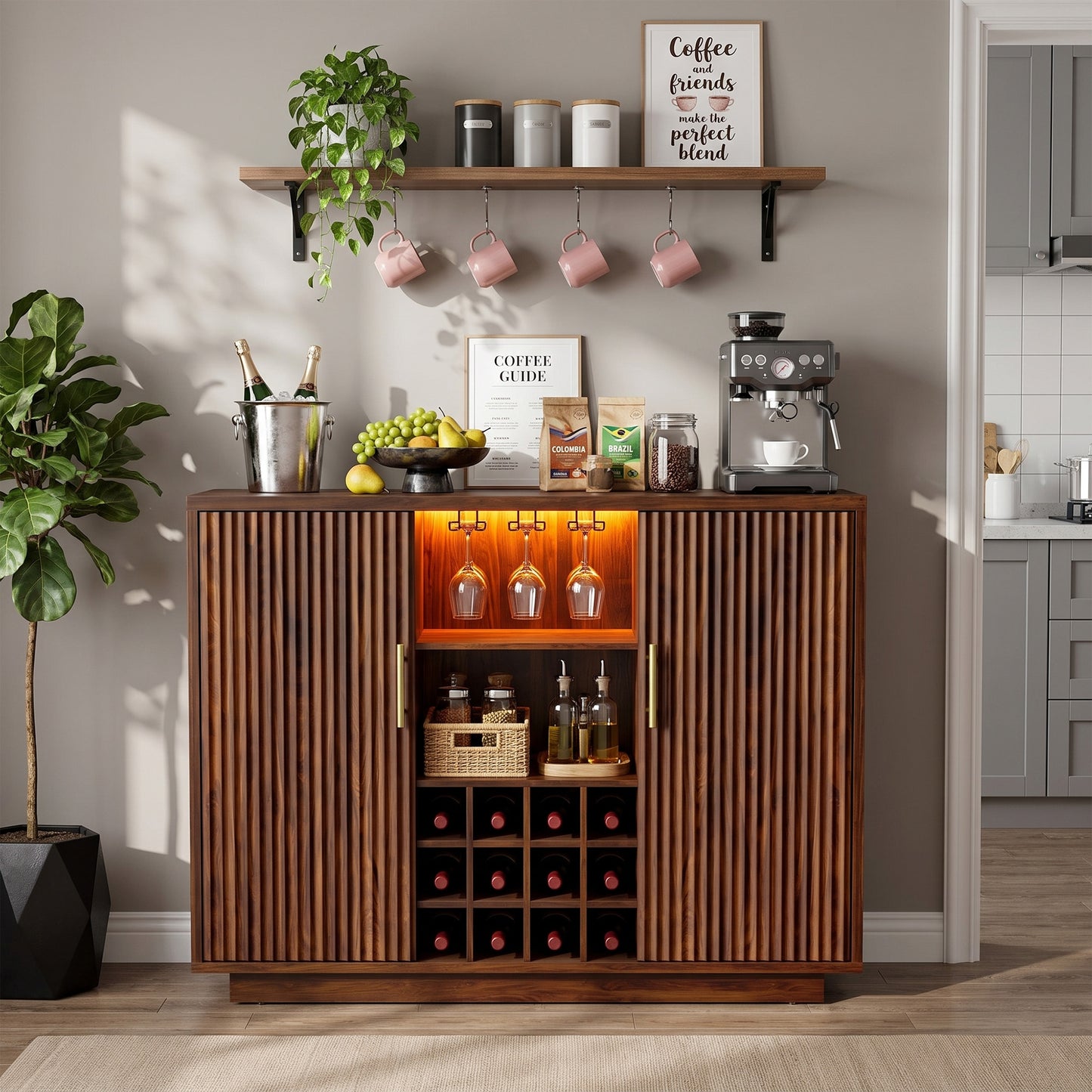 Biemlerfn RGB Wine Bar Cabinet with Built-in Charging Station, Modern Coffee Bar Cabinet with Wine Rack and Glass Holder, Fluted Liquor Cabinet with Storage for Home