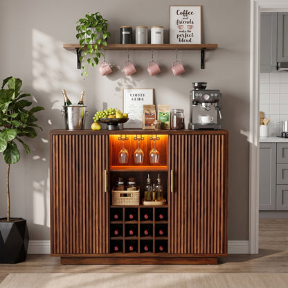 Biemlerfn RGB Wine Bar Cabinet with Built-in Charging Station, Modern Coffee Bar Cabinet with Wine Rack and Glass Holder, Fluted Liquor Cabinet with Storage for Home