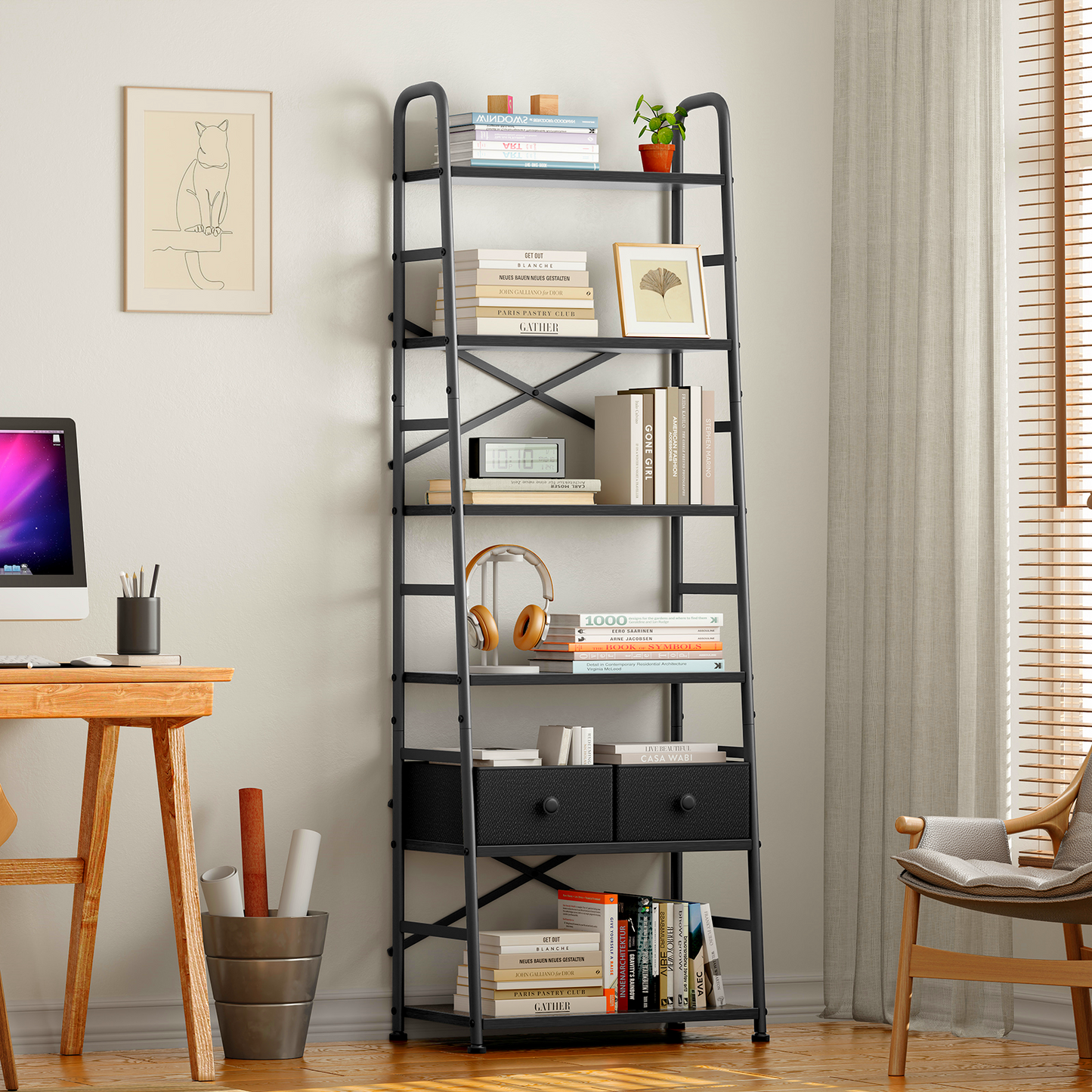Biemlerfn 6 Tier Book Shelf, Ladder Bookcase with 2 Removable Drawers