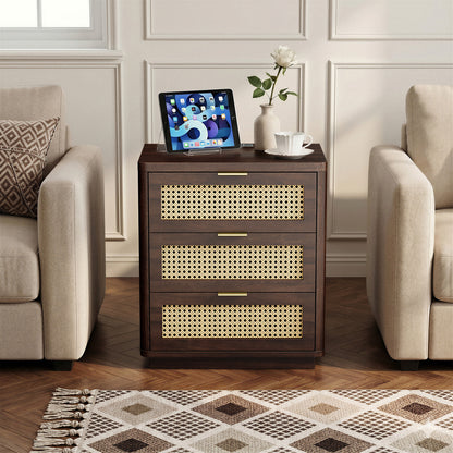Biemlerfn Night Stand with Charging Station, 3 Drawers Bedside Table, Rattan End Table, Wood Dresser Organizer for Bedroom, Living Room