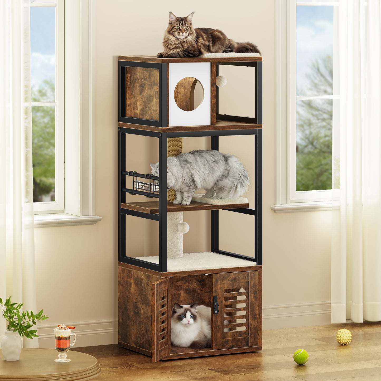 Biemlerfn 58.27" Cat Tree with Litter Box Enclosure, Multi-Level Cat Tower with Elevated Perch & Feeding Station, Scratching Post, Anti-Tip Design for Indoor Cats