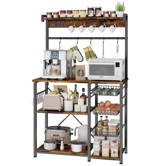 Biemlerfn 39.8" Wide Large Bakers Rack with Power Outlets, 5 Tiers Coffee Bar Table with 3 Wire Basket（Rustic Brown）