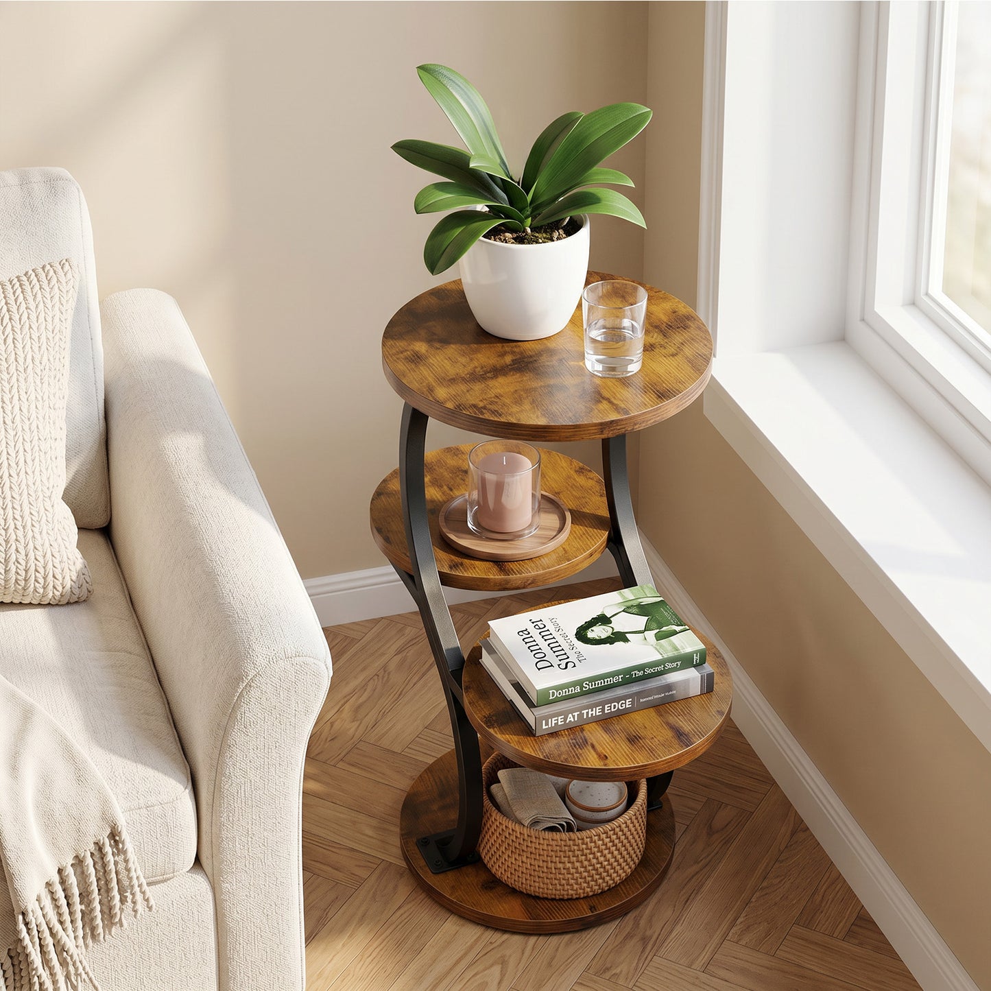 Biemlerfn 4-Tier Round Side Table, Small End Table with Metal Frame, Wood Nightstand for Patio, Sofa, Living Room & Bedroom