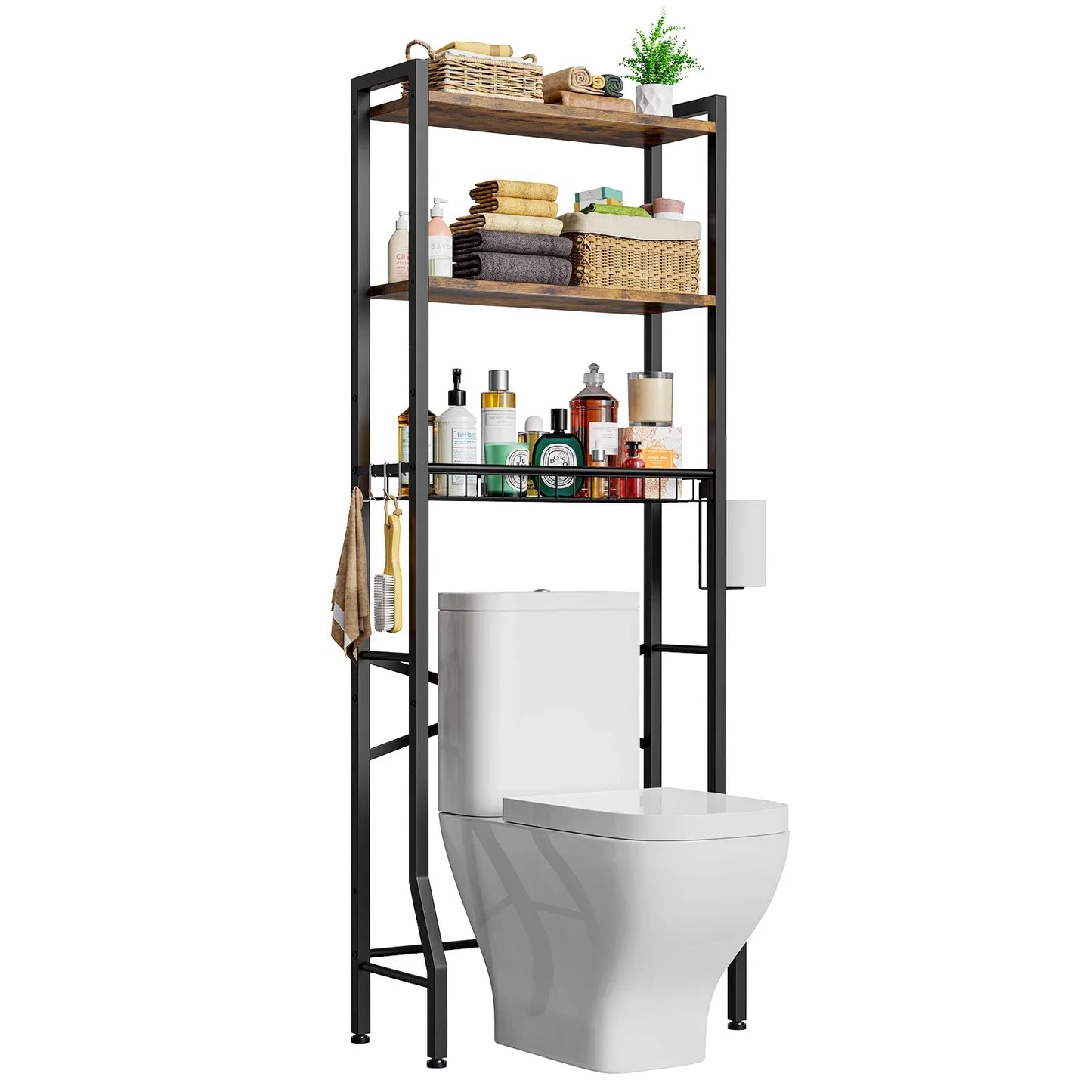 Biemlerfn Over The Toilet Storage Shelf, 3-Tier Wooden Bathroom Organizer Freestanding Space Saver