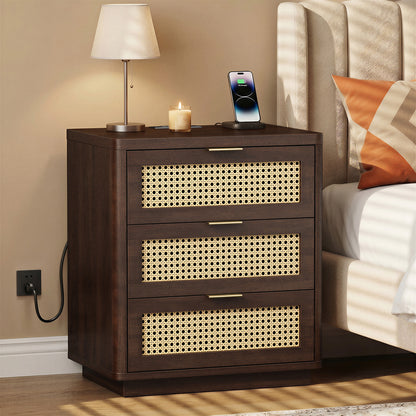 Biemlerfn Night Stand with Charging Station, 3 Drawers Bedside Table, Rattan End Table, Wood Dresser Organizer for Bedroom, Living Room