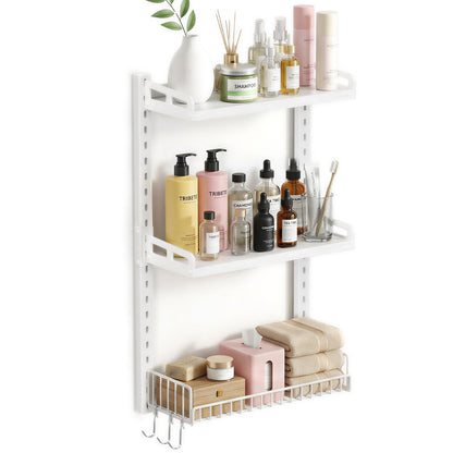 Biemlerfn 3 Tier Bathroom Shelves Over Toilet - Wall Mounted Floating Shelves with Drain Basket, Height Adjustable Over The Toilet Storage（White）