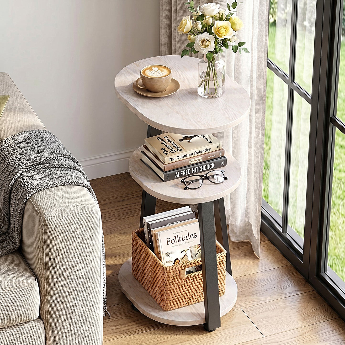 Biemlerfn 3-Tier Side Table, Small Round End Table with Metal Frame, Sofa Table Nightstand for Living Room, Bedroom