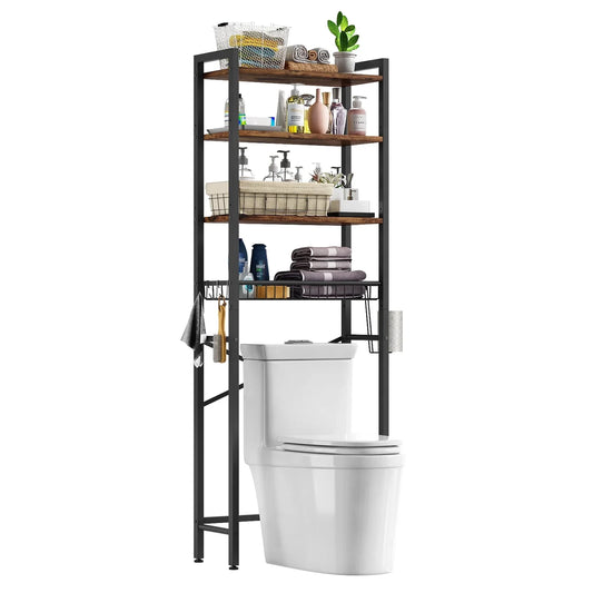 Biemlerfn Over The Toilet Storage Shelf, 4-Tier Wooden Bathroom Organizer Adjustable Saver Space Rack