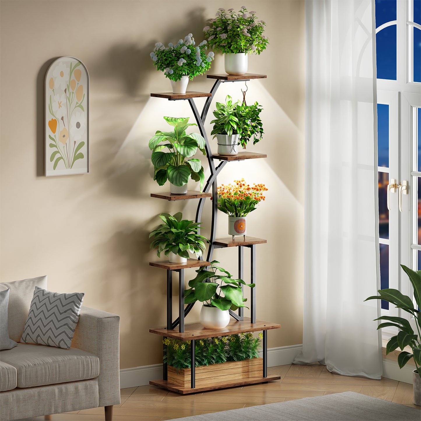 Plant Stand with Grow Lights, Biemlerfn 67" Tall Plant Shelf Indoor, 8 Tier Display Rack, Tree-Shape Metal Flower Holder for Home Living Room Office