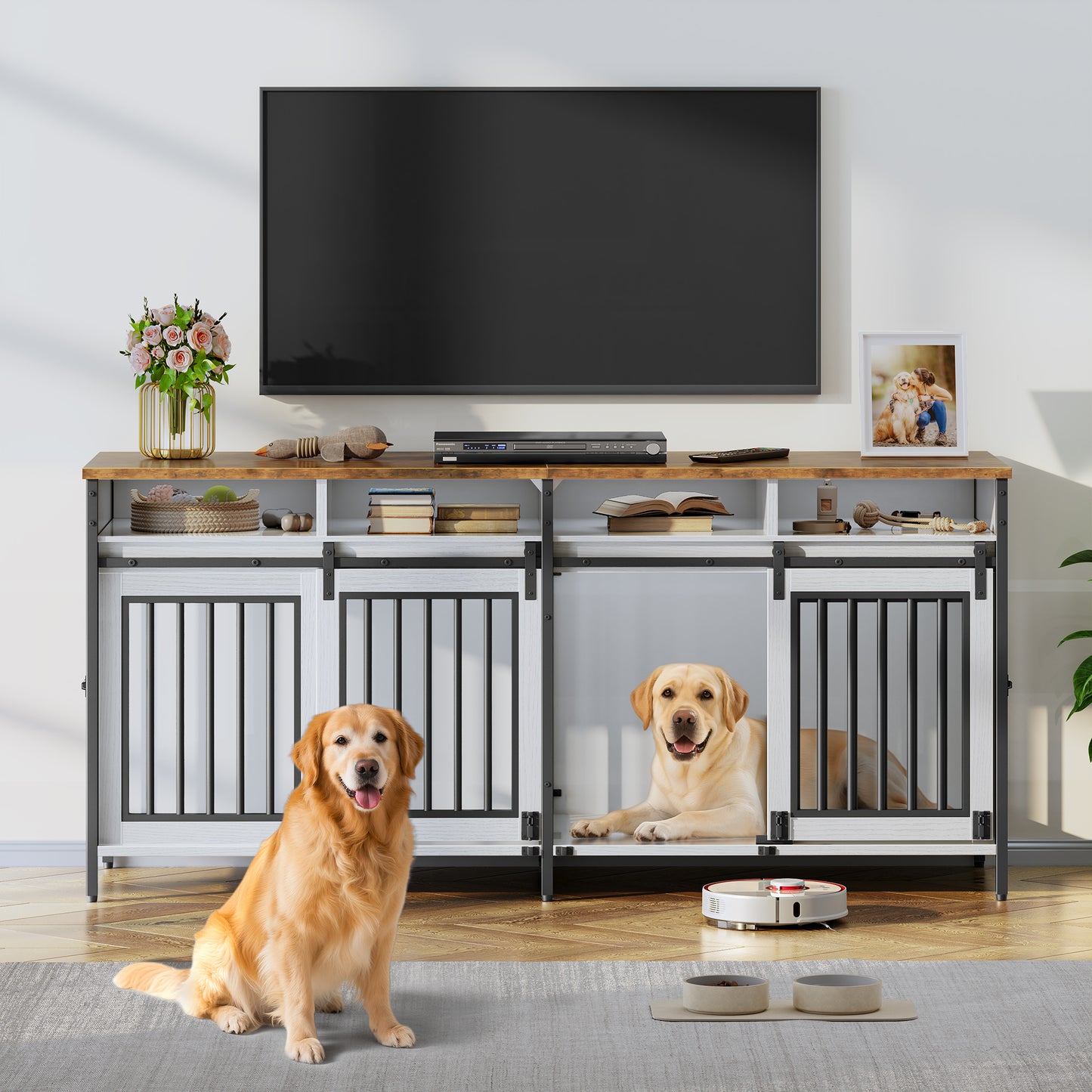 Biemlerfn 78.74'' Double Dog Crate Furniture with Removable Divider and 4 Compartments(White）