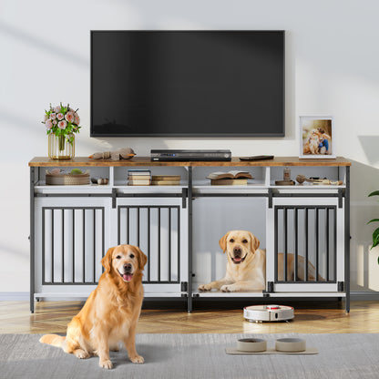 Biemlerfn 78.74'' Double Dog Crate Furniture with Removable Divider and 4 Compartments(White）